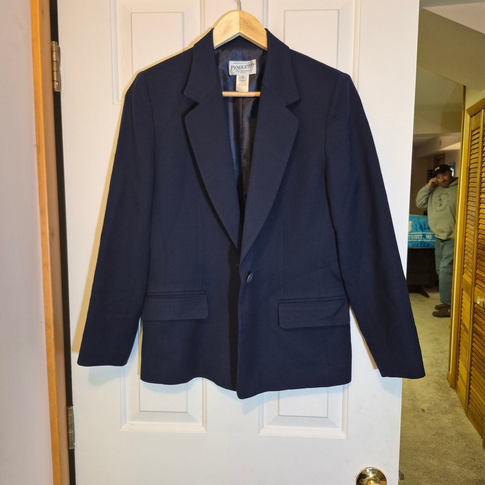 Pendleton Navy Blue Virgin Wool Blazer Jacket Womens 10‎ Petite Single Button
